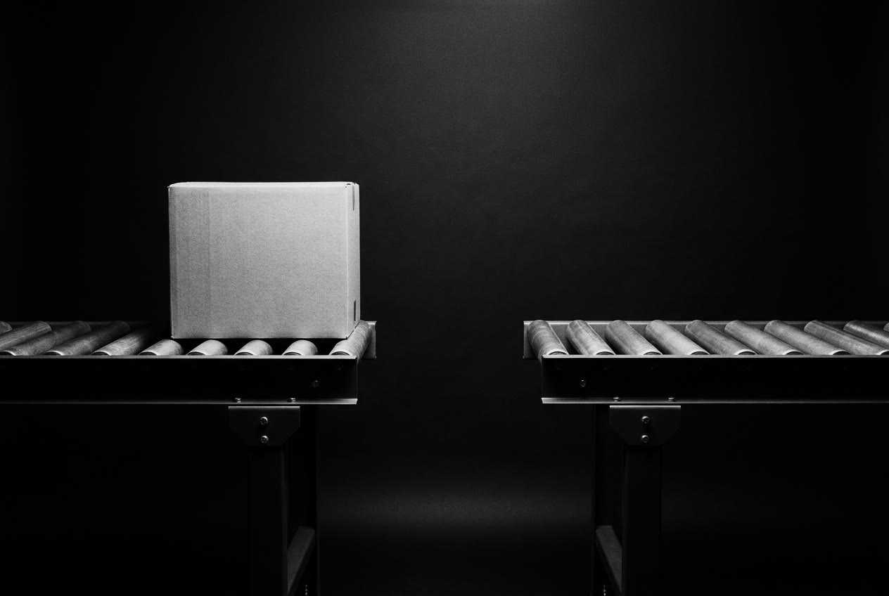 A cardboard box halted on a roller conveyor at the open gap between two disconnected sections of the line.